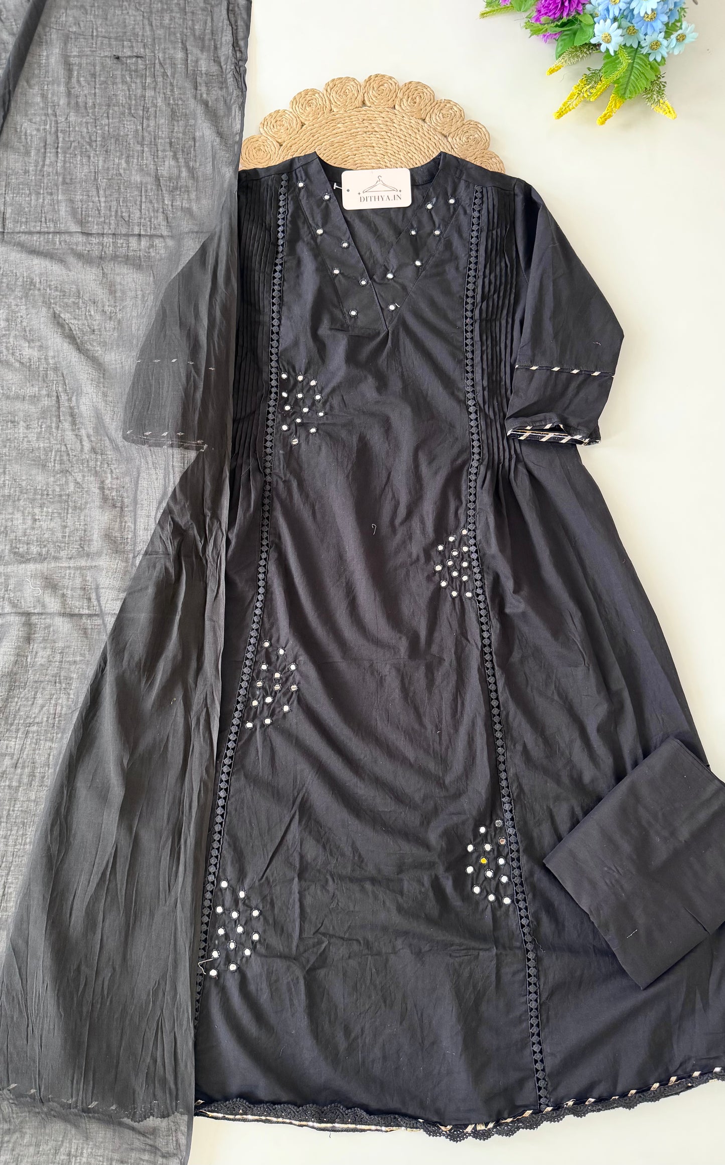 K621 - Mul cotton mirror work Anarkali with pants and dupatta