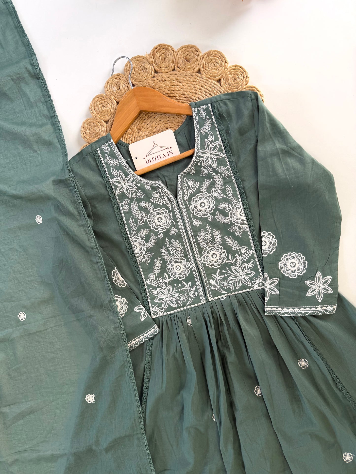 K367 - Mul cotton embroidered Anarkali with pants and dupatta