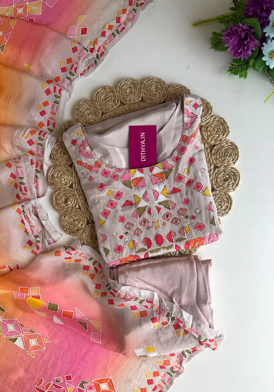 K132 - Pure crape handwork straight Kurti with pants and dupatta