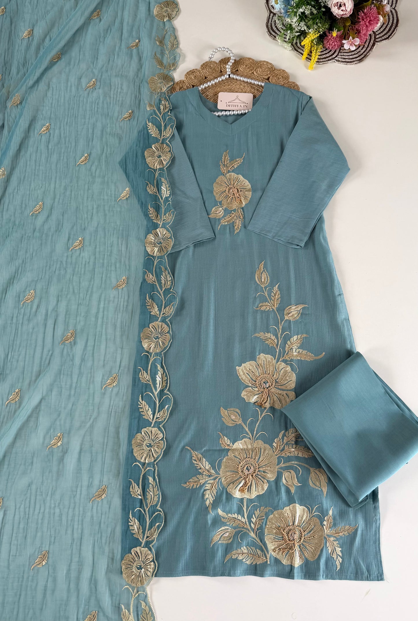 K542 - Muslin doriya embroidered straight Kurti with pants and dupatta