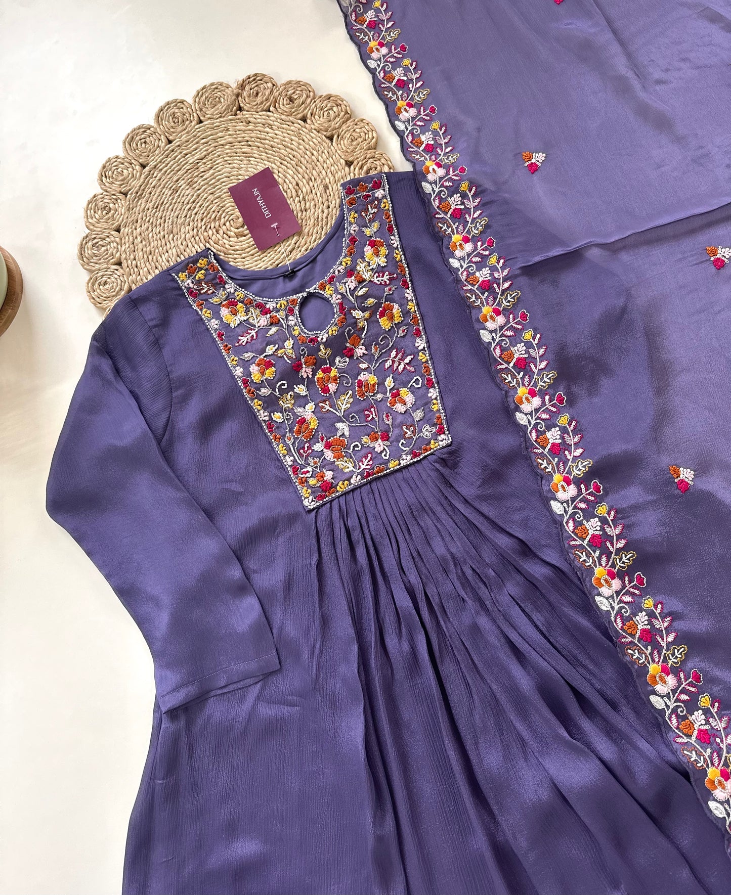 K319 - Handwork Chinnon Anarkali with pants and dupatta.