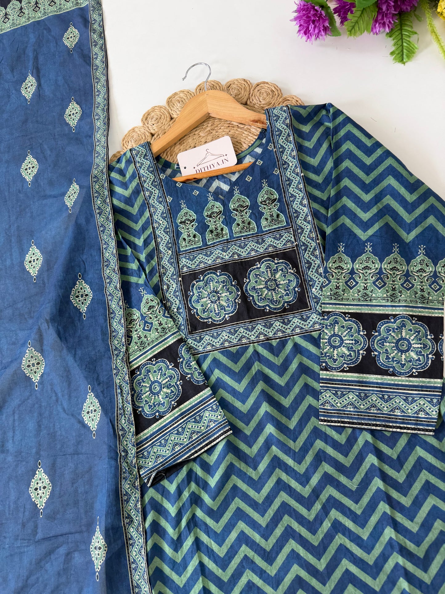 K144 - Mul cotton ajrakh embroidered straight Kurti with pants and dupatta