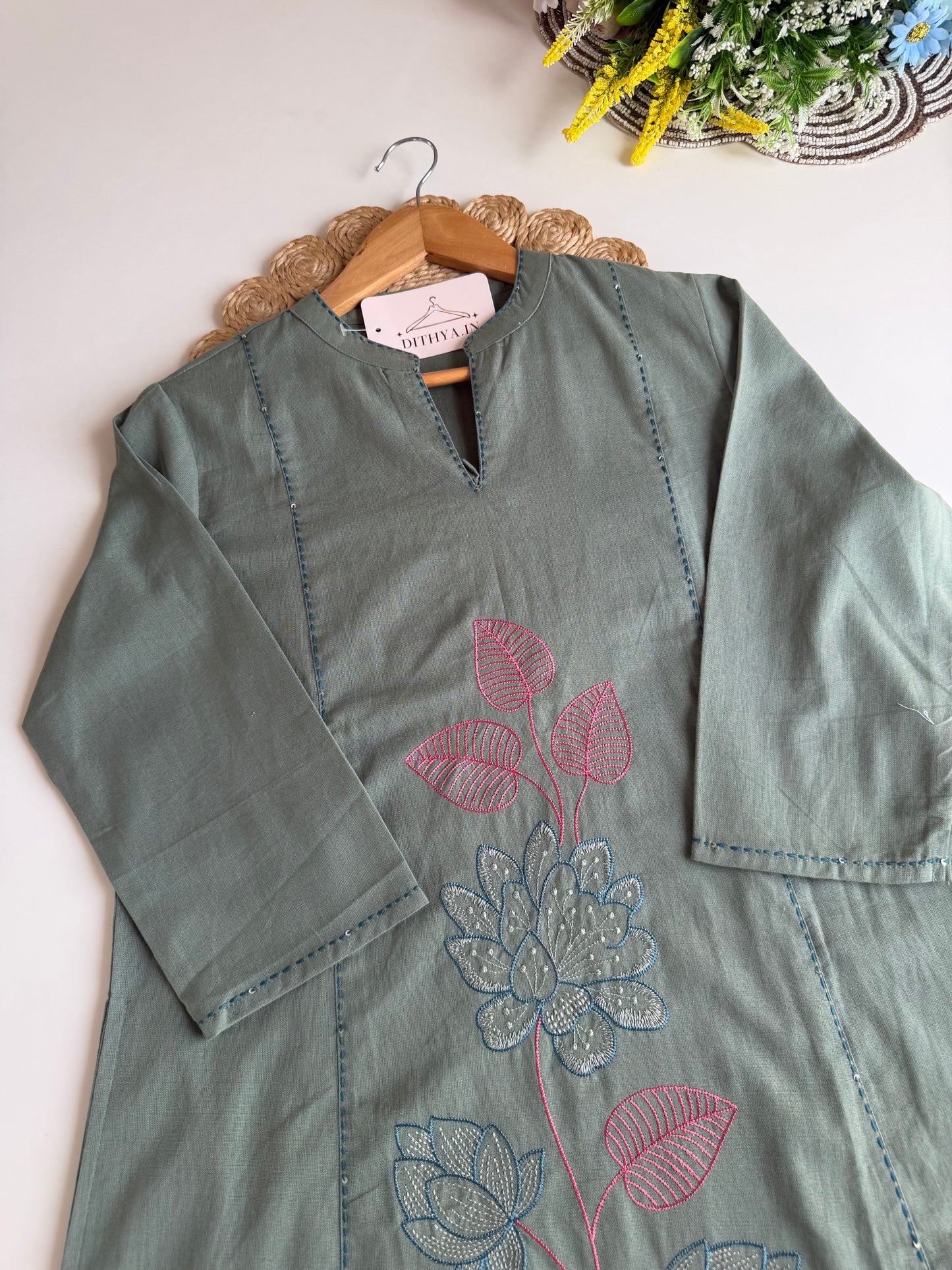 K660 - Linen cotton embroidered Aline Kurti with pants