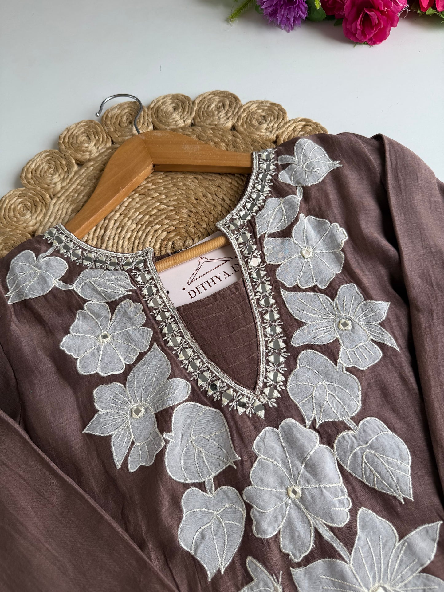 K224 - Mul chanderi embroidered handwork coord set