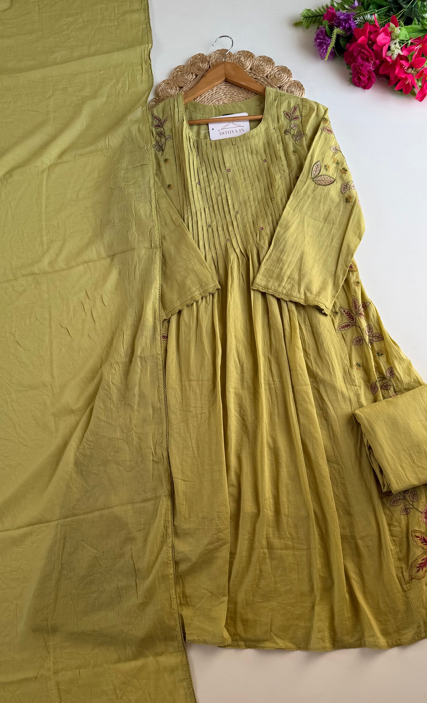 K010 - Mul cotton embroidered Anarkali with pants and dupatta in 2 colours