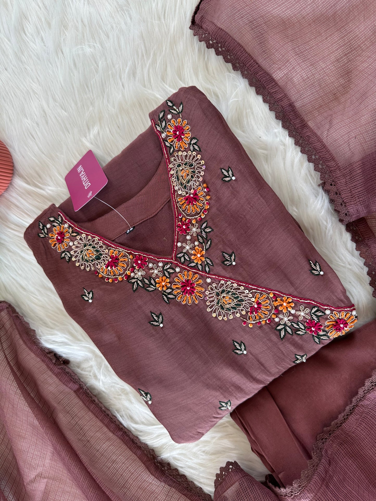 K404 - Mul Chanderi Handwork Angrakha Aline Kurti with pants and dupatta