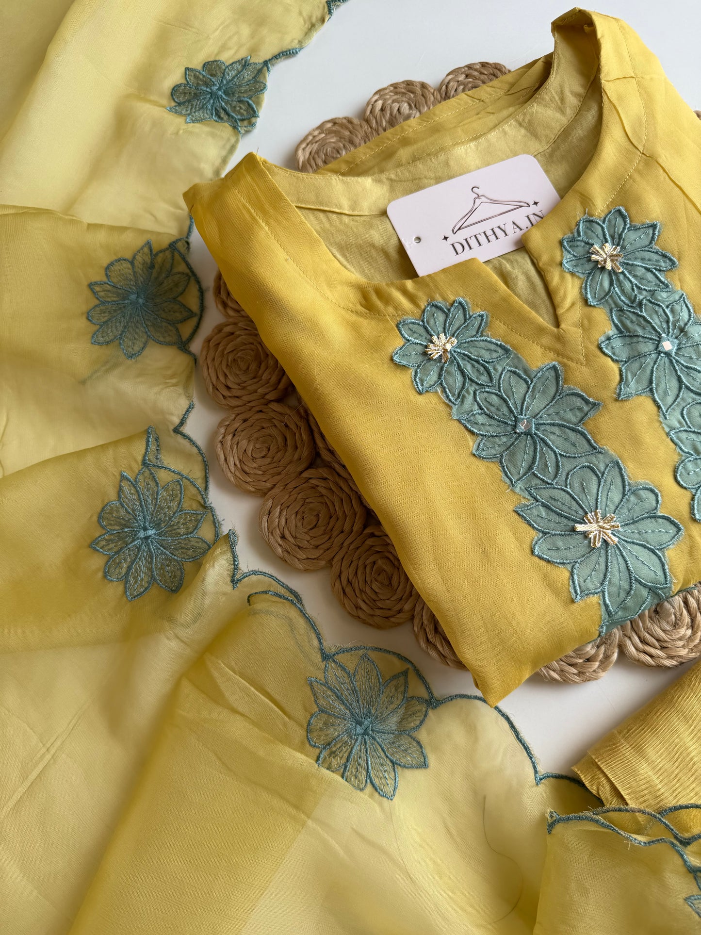 K273 - Viscose organza appliqué work straight Kurti with pants and dupatta