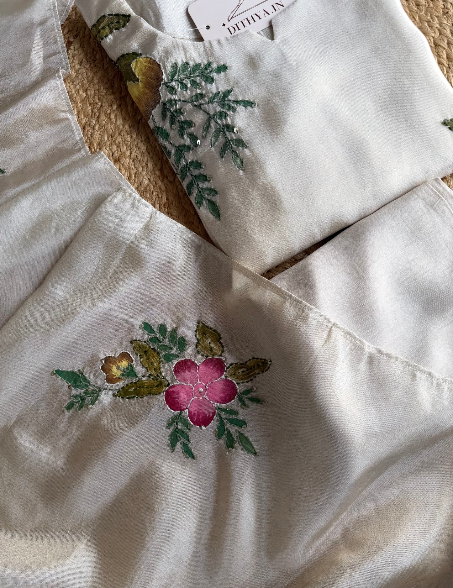 K543 - Tissue silk handwork Aline Kurti with pants and dupatta