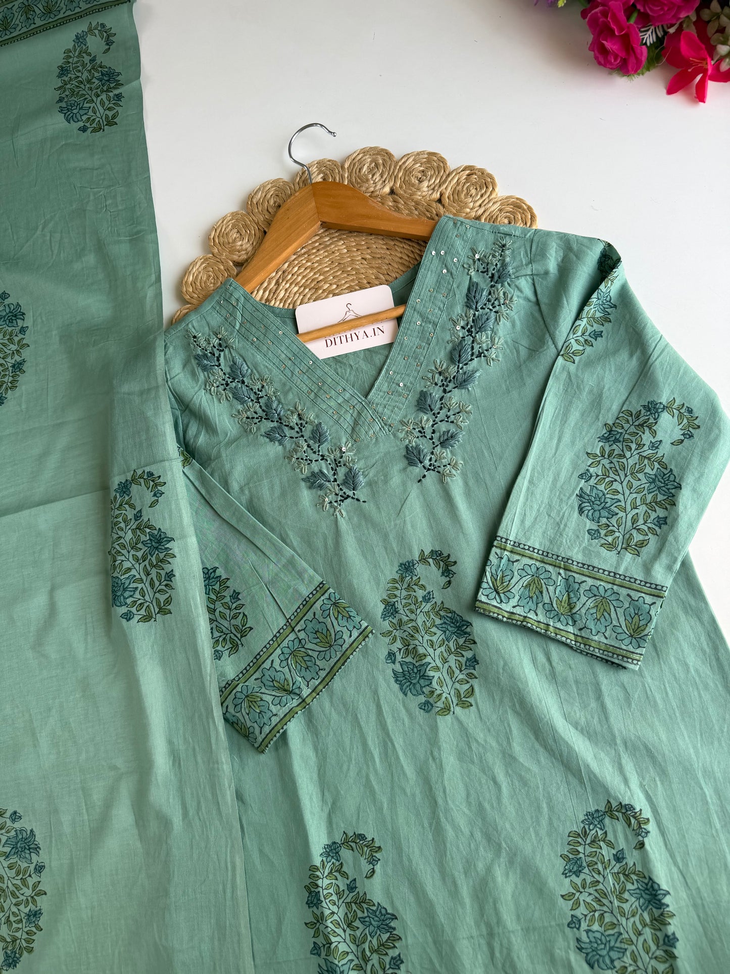 K712 - Mul cotton embroidered straight Kurti with pants and dupatta