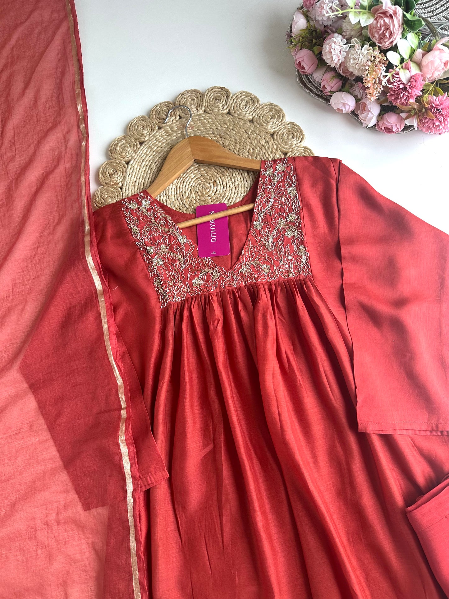 K235 - Mul Chanderi zari work Aline Kurti with pants and dupatta