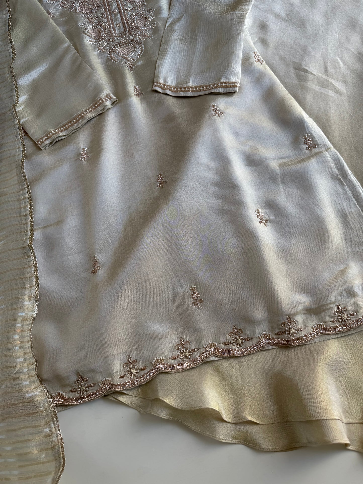 K157 - Tissue silk handwork short Kurti with divider pants and dupatta