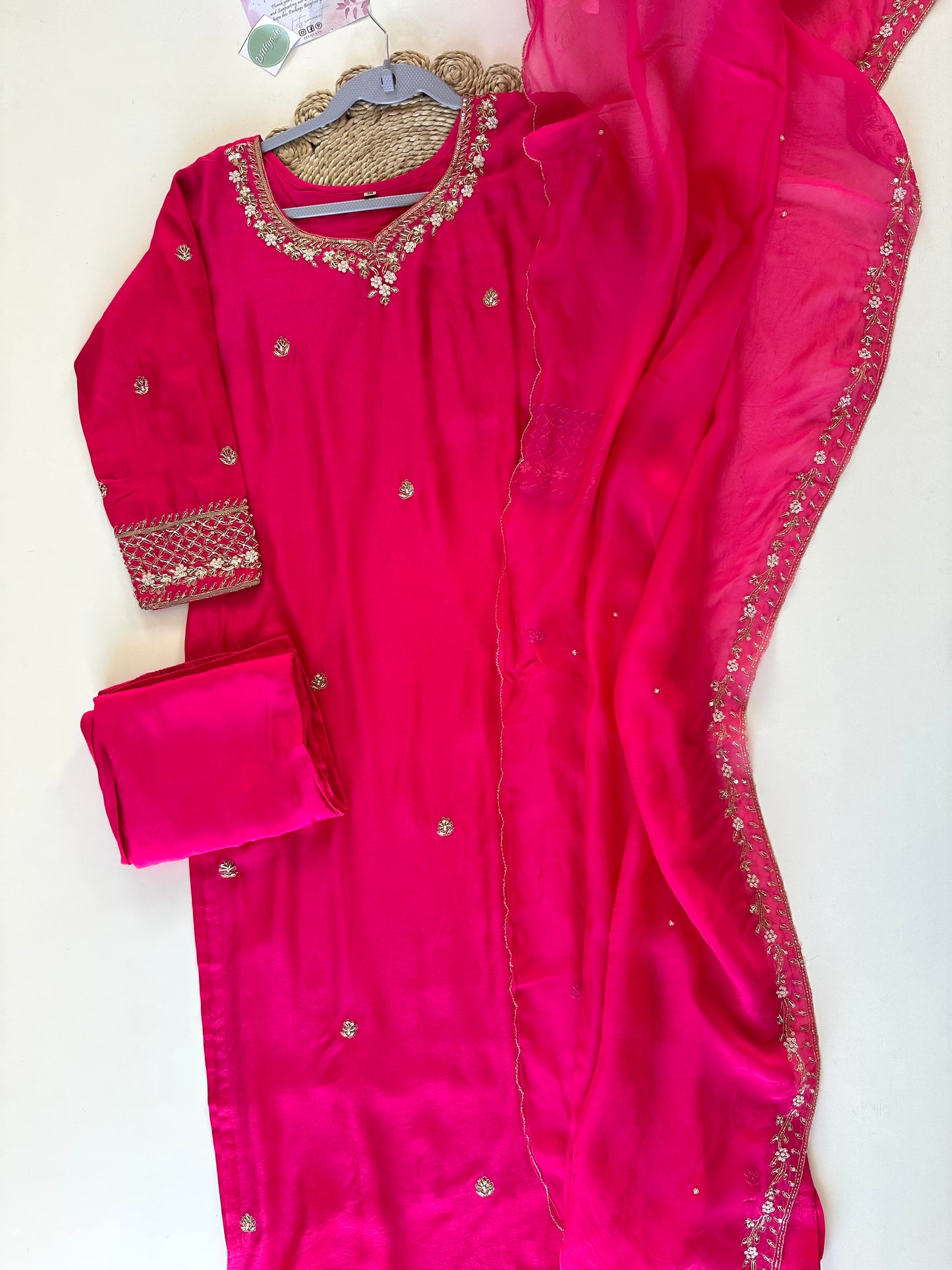 K140 - Russian silk Zardosi work Straight kurti with straight pants and organza dupatta .