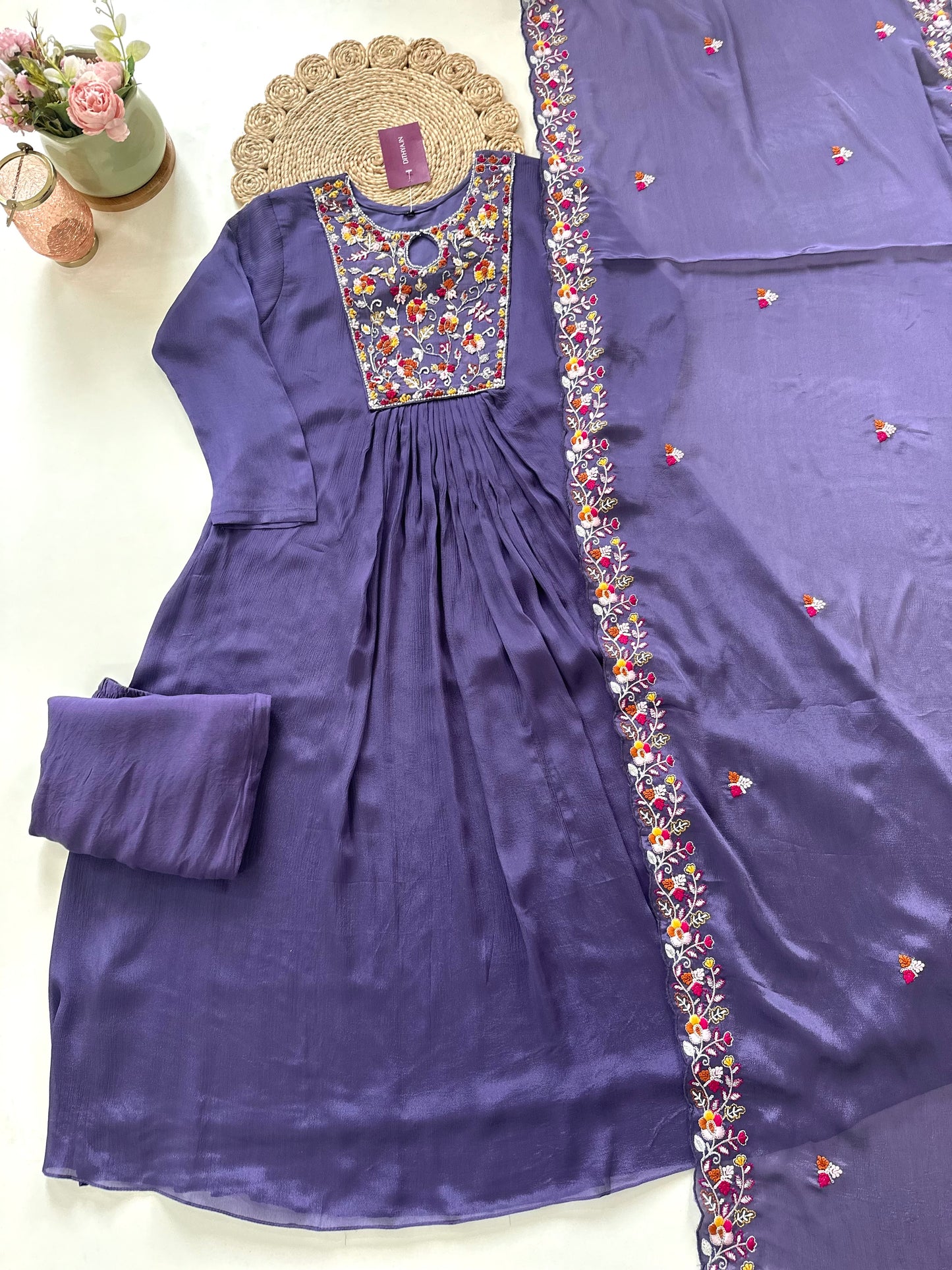 K319 - Handwork Chinnon Anarkali with pants and dupatta.