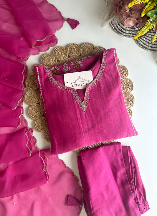 K477 - Mul Chanderi handwork Aline Kurti with pants and dupatta