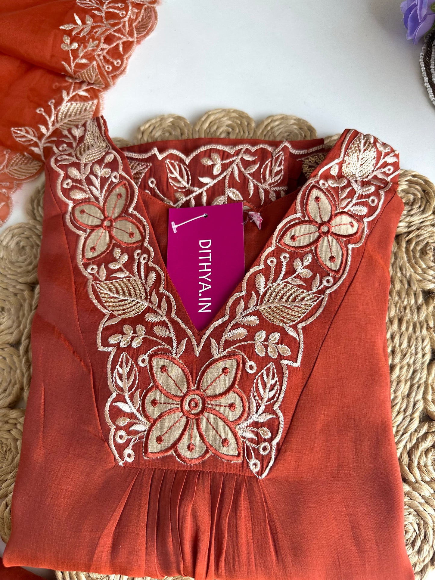 K110 - Roman silk Embroidered straight kurti with pants and dupatta