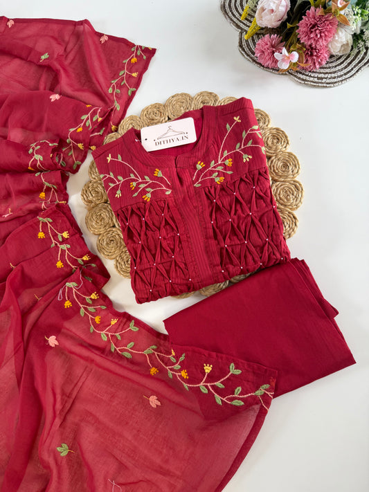 K620 - Mul cotton embroidered Aline Kurti with pants and dupatta