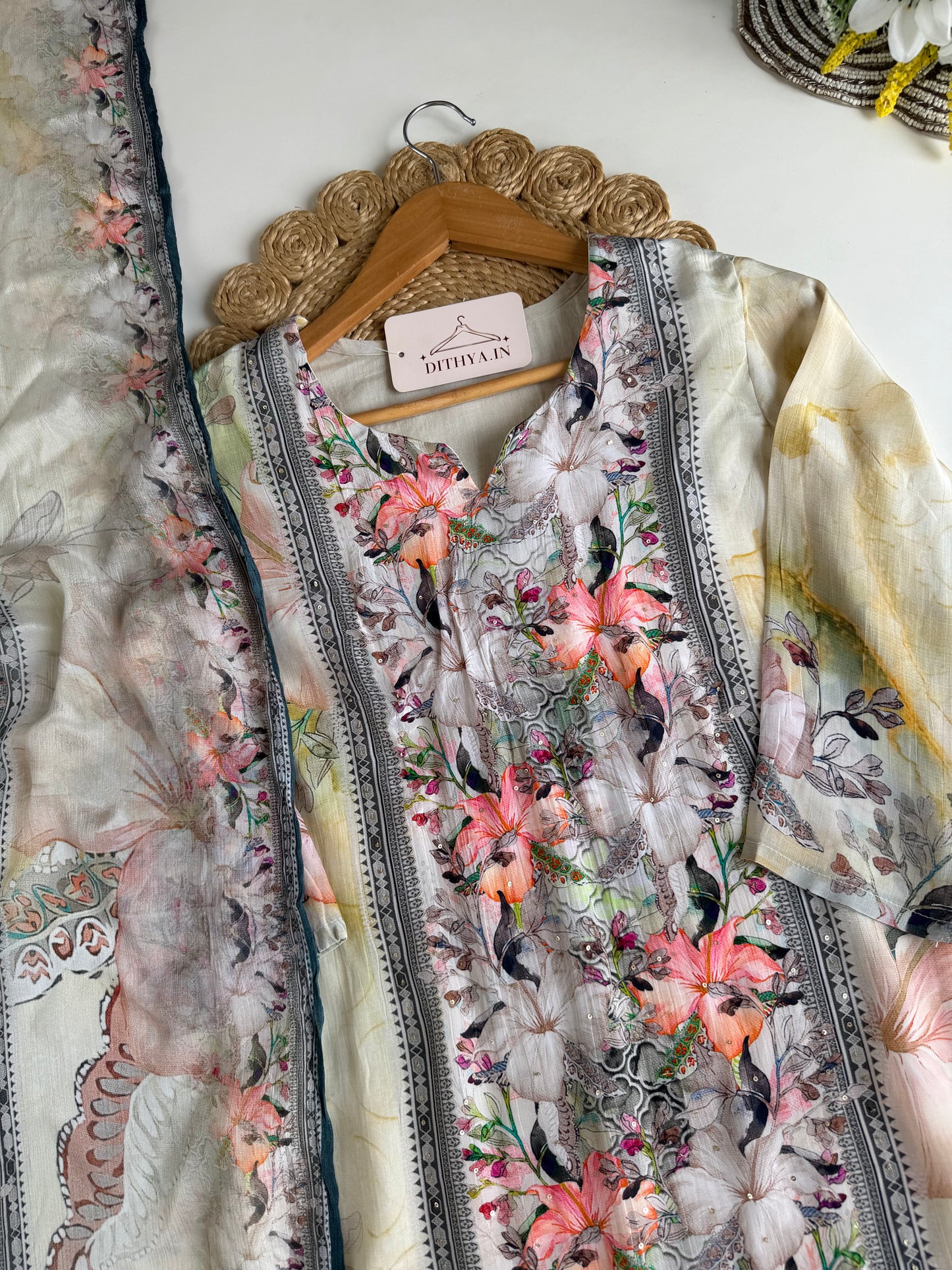 K039 - Viscose crape printed straight Kurti with pants and dupatta