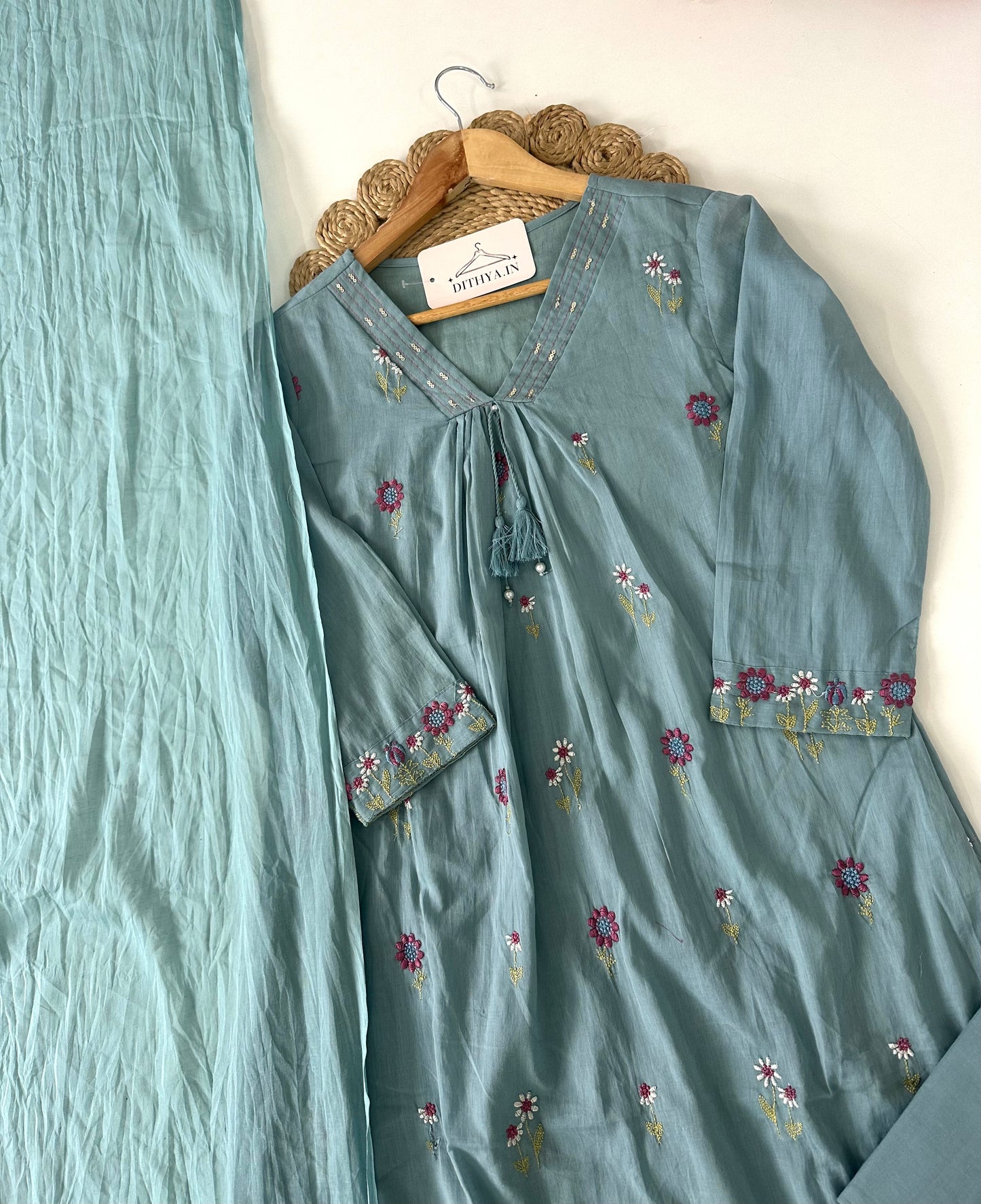 K395 - Mul cotton embroidered Aline Kurti with pants and dupatta in 3 colours