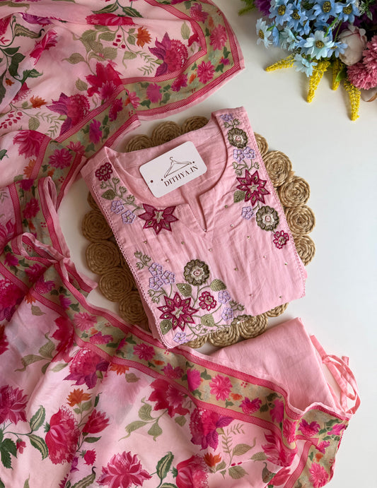 K089 - Mulmul cotton embroidered Anarkali with pants and dupatta