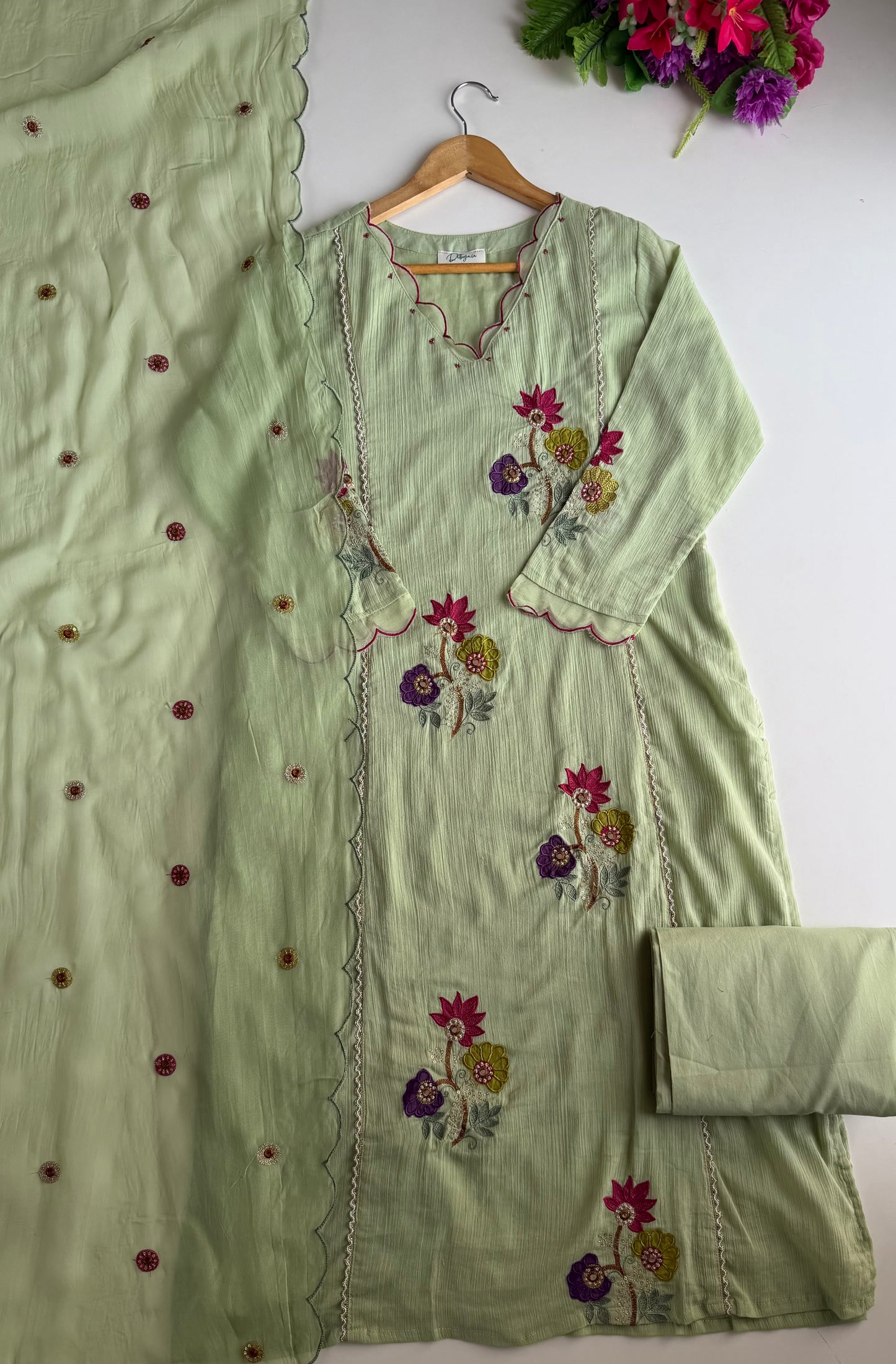 K539 - Crushed mul Chanderi embroidered Aline Kurti with pants and dupatta