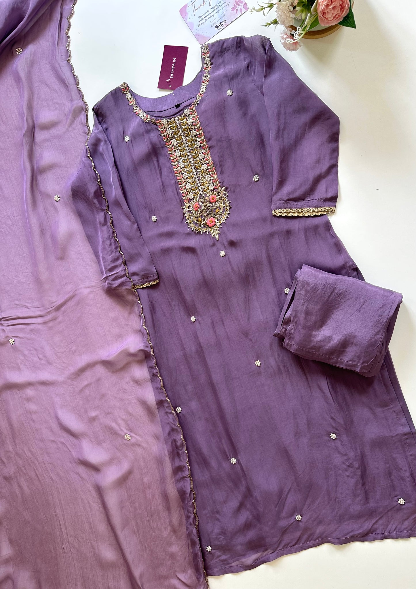 K075 - Chinnon Handwork Straight kurti with pants and dupatta .