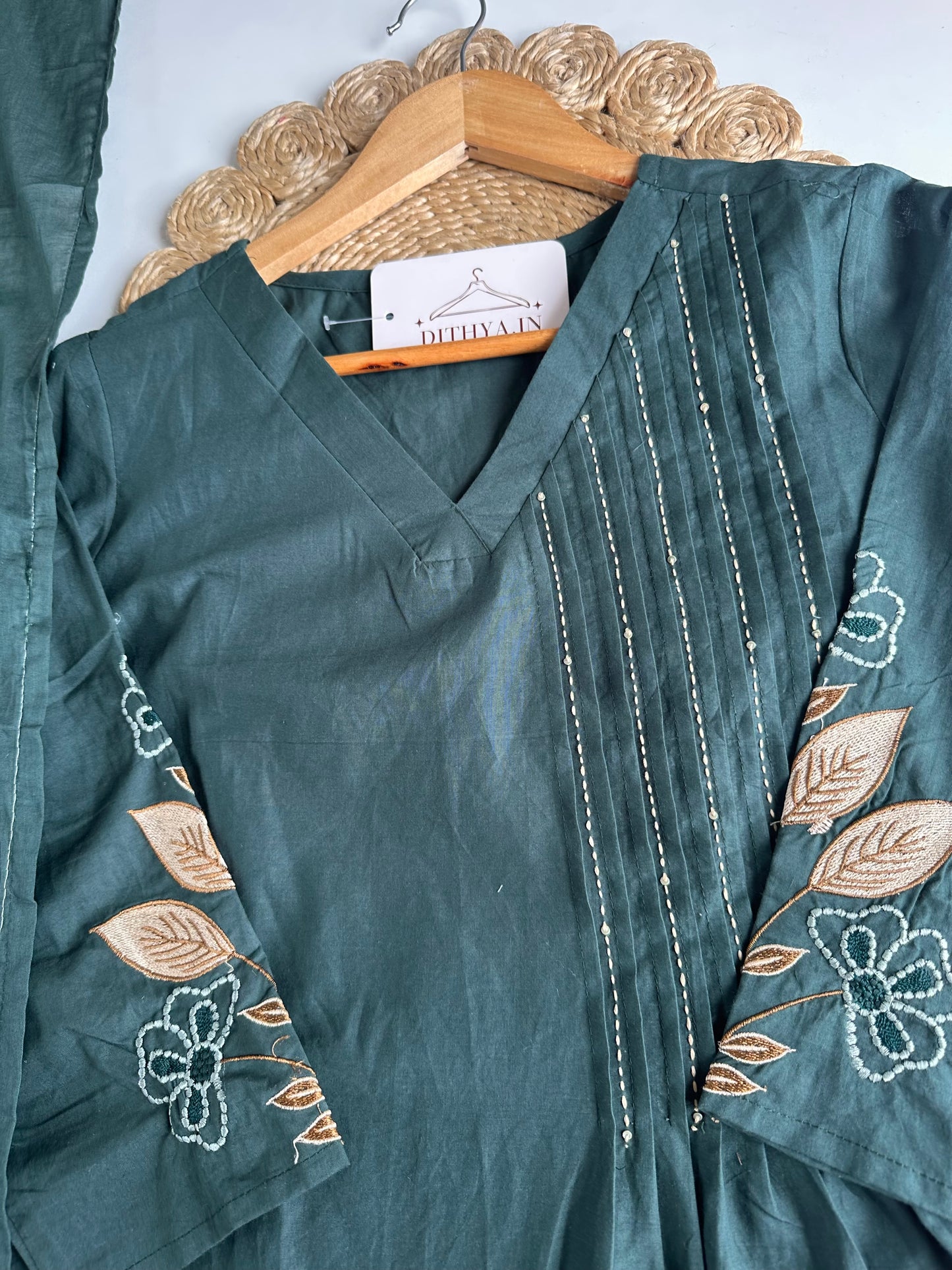 K715 - Mul cotton embroidered Aline Kurti with pants and dupatta