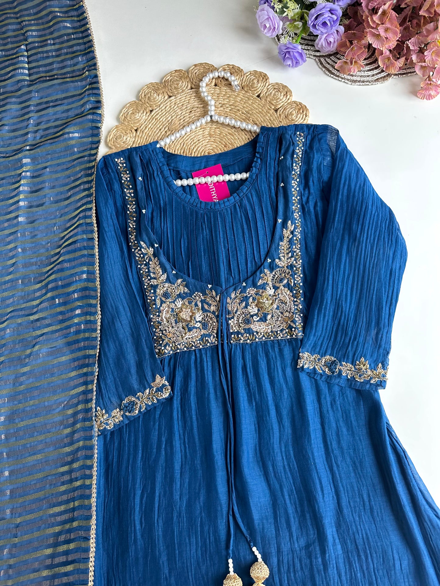 K102 - Mul Chanderi handwork Aline Kurti with pants and dupatta in 2 colours