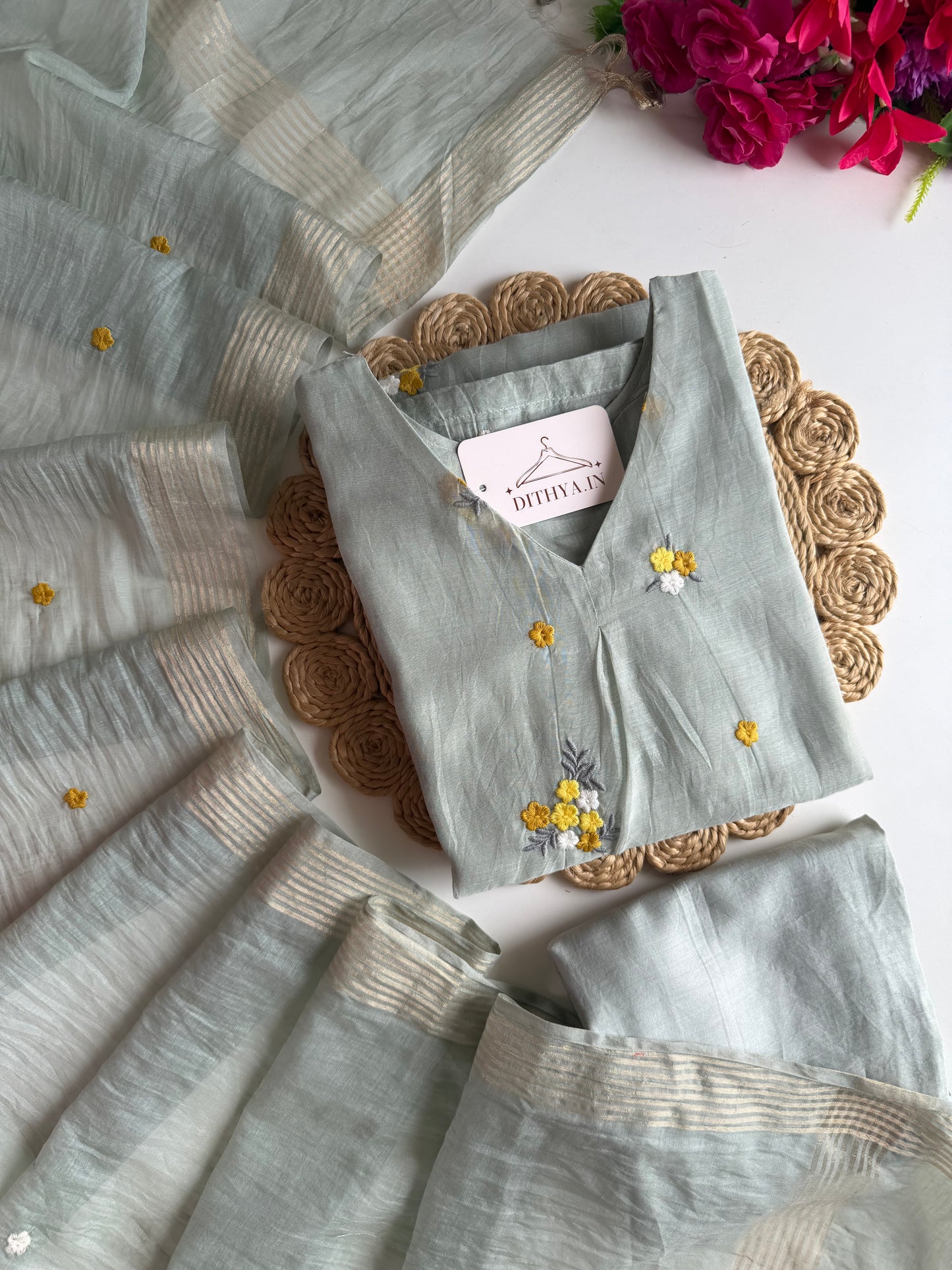 K724 - Mul chanderi embroidered Aline Kurti with pants and dupatta