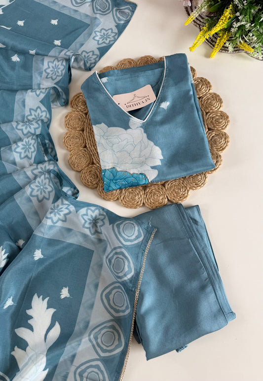 K664 - Muslin printed straight Kurti with pants and dupatta