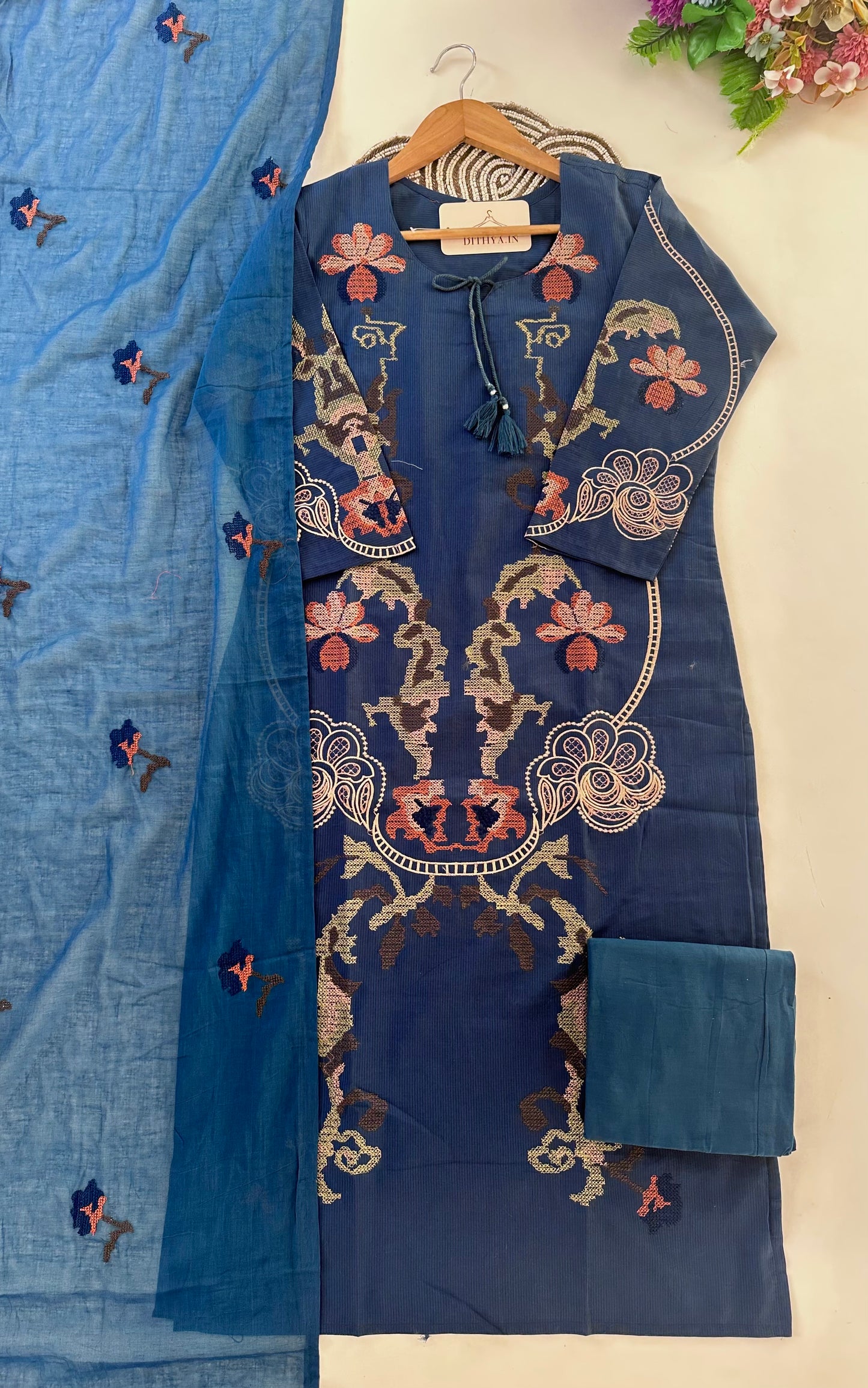 K649 - Mul cotton cross stitch straight Kurti with pants and dupatta