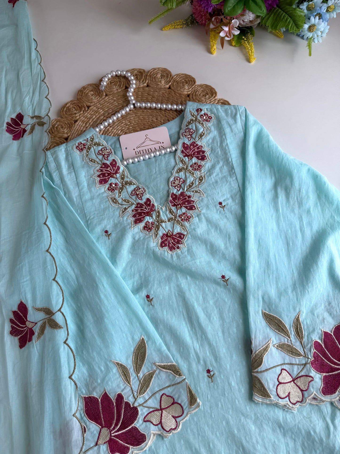 K011 - Mul cotton embroidered Anarkali with pants and dupatta