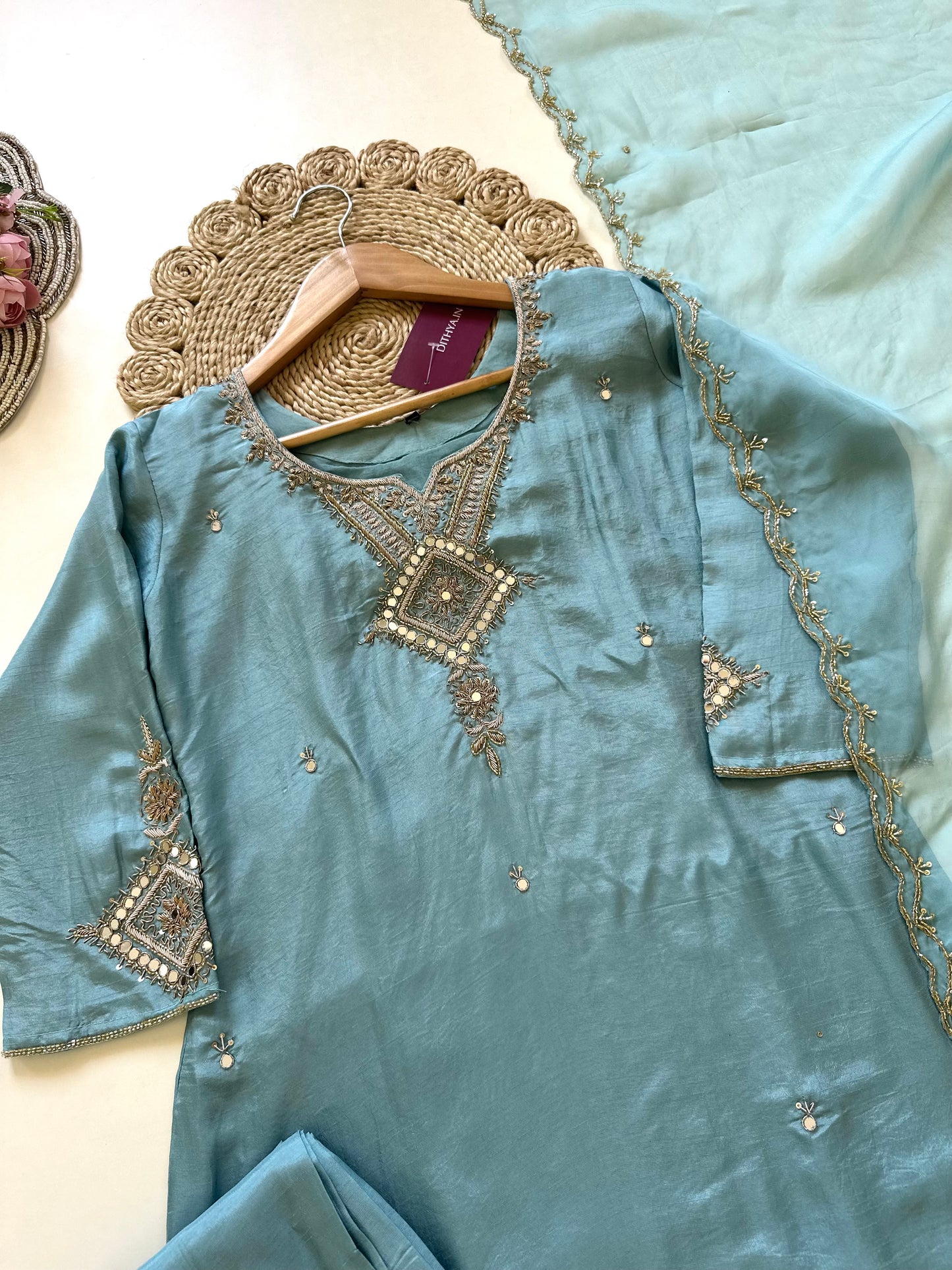 K360 - Russian silk Handwork straight kurti with pants and dupatta .