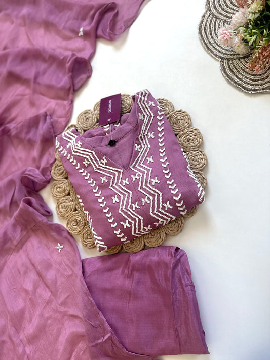 K150 - Pearl work Chinnon Aline Kurti with centre slit , straight pants and organza dupatta .