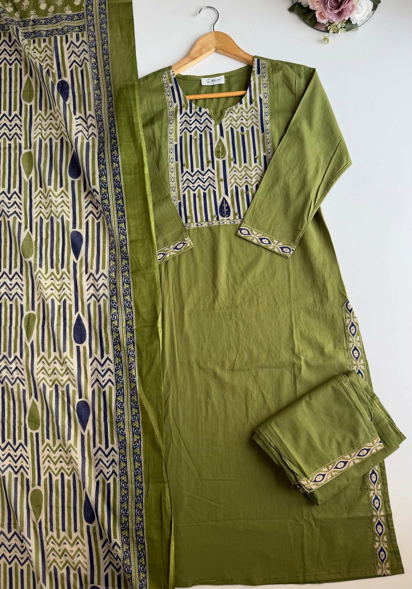 K576 - Mul cotton embroidered straight Kurti with pants and dupatta