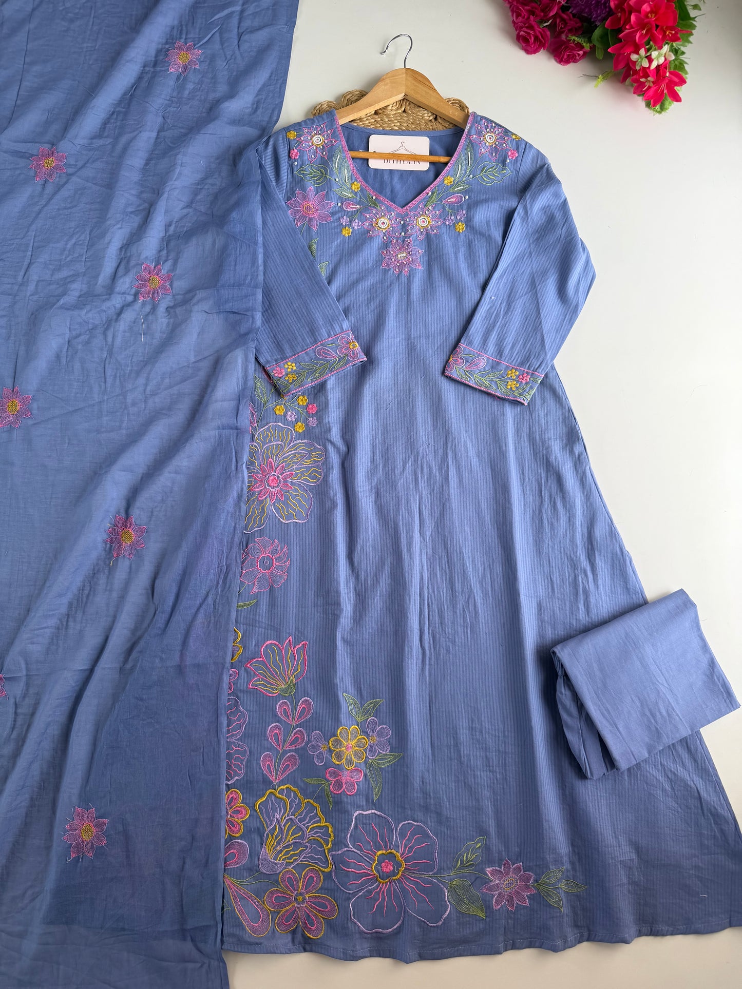 K235 - Mul cotton embroidered Aline Kurti with pants and dupatta