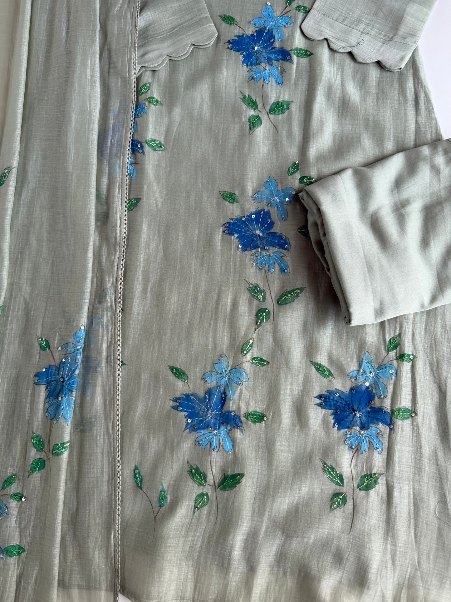 K355 - Mul Chanderi hand painted embroidered Aline Kurti with pants and dupatta in 3 colours