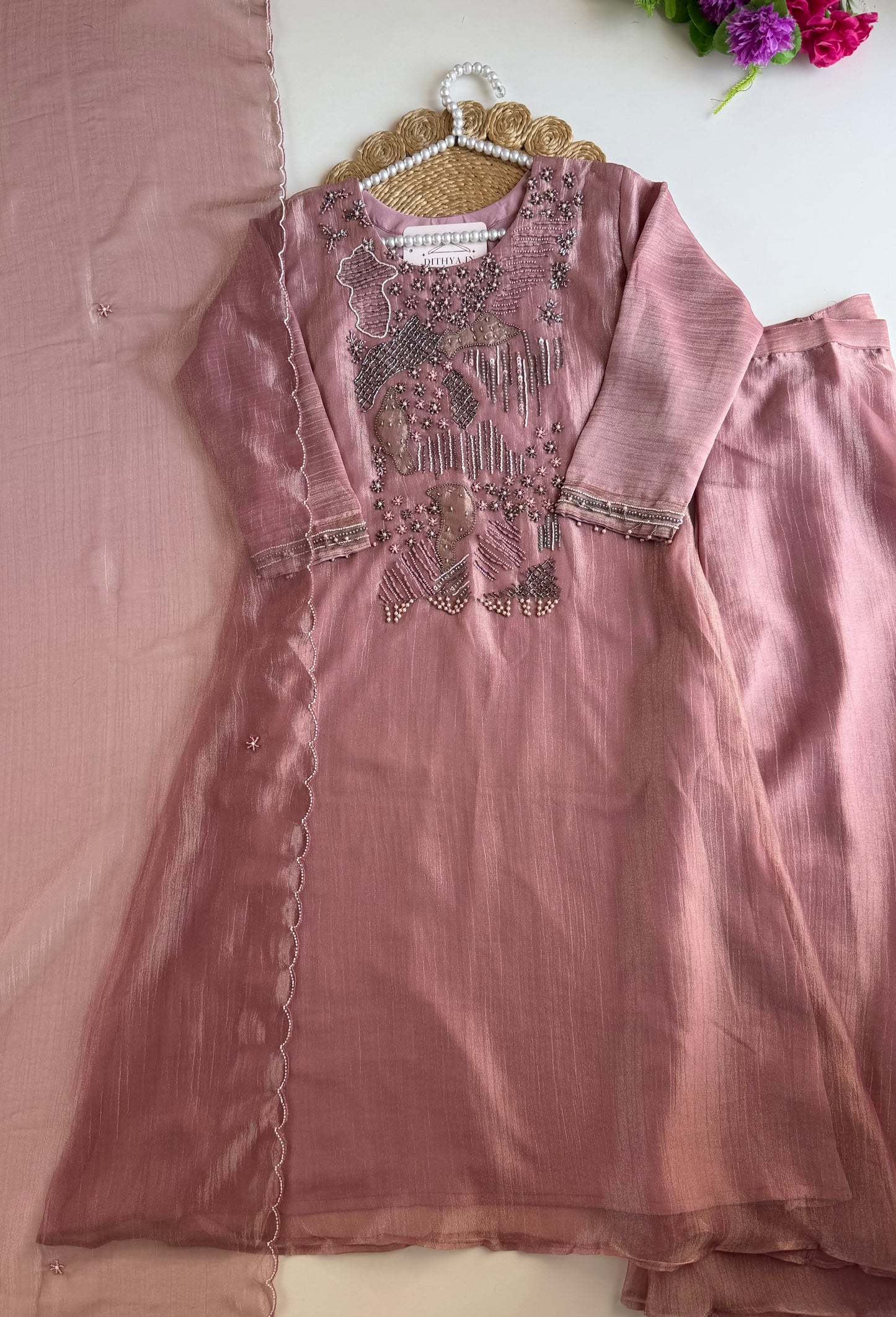 K544 - Crush tissue handwork Aline Kurti with divider pants and dupatta