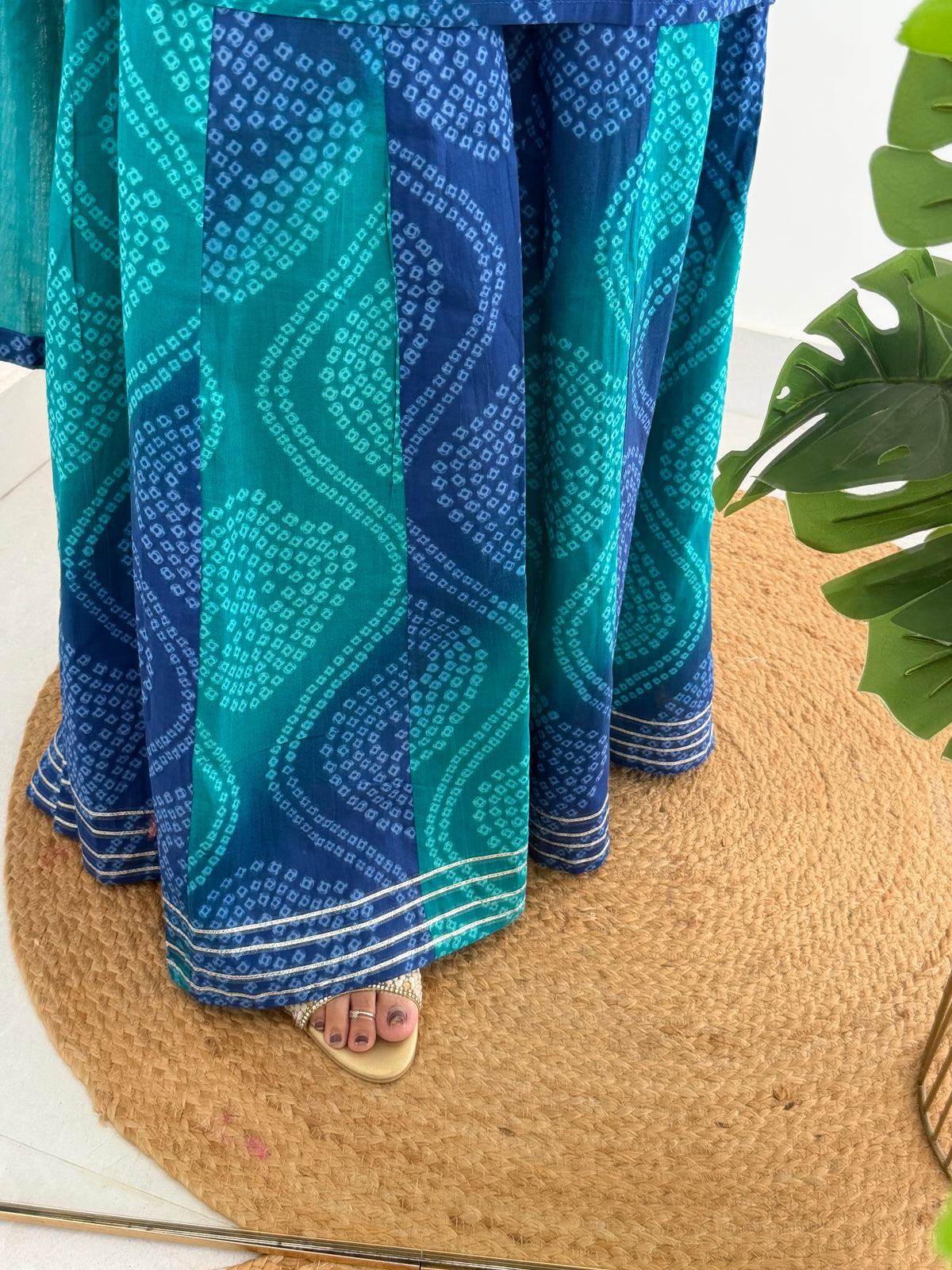 K090 - Mul cotton bandhini mirror work short Kurti with palazzo pants and dupatta