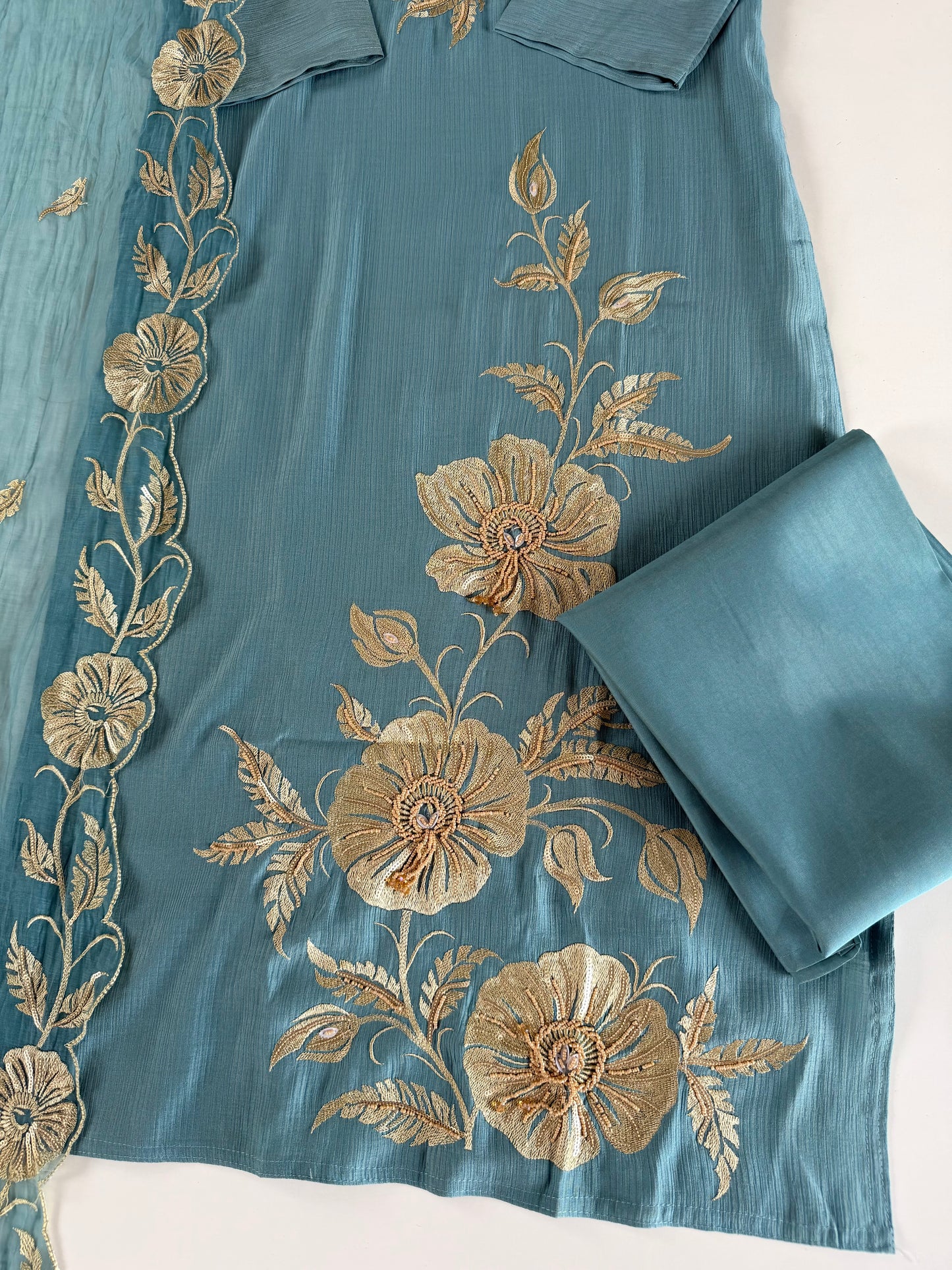 K542 - Muslin doriya embroidered straight Kurti with pants and dupatta