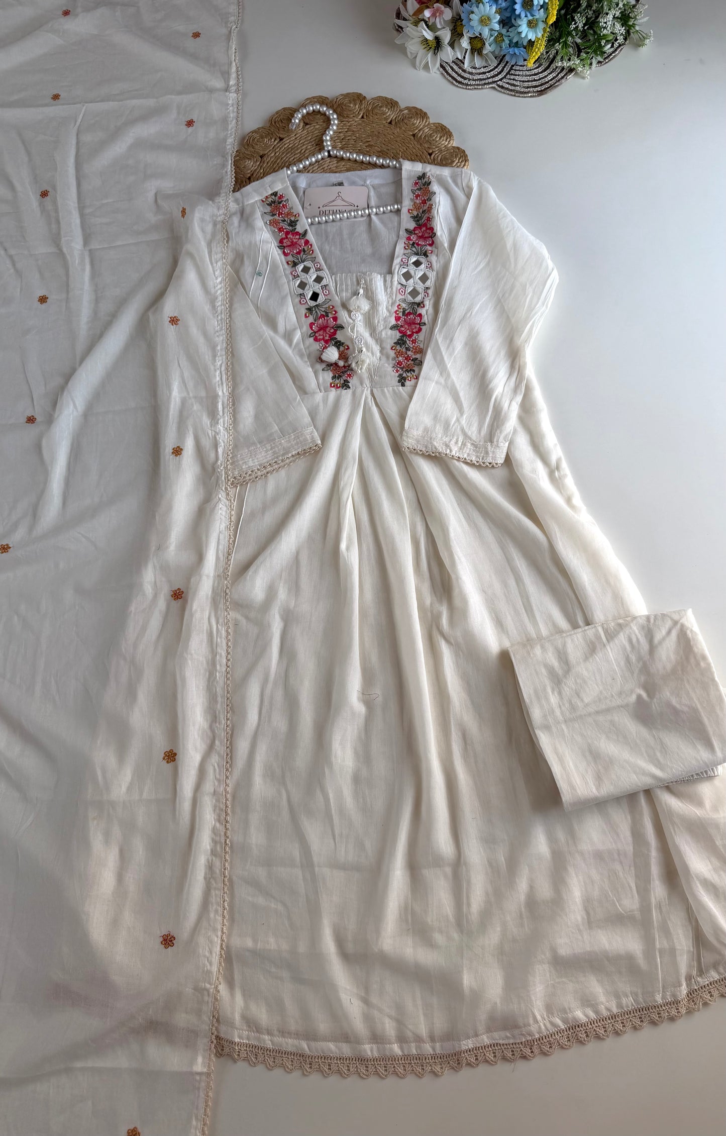 K629 - Mul cotton embroidered Aline Kurti with pants and dupatta