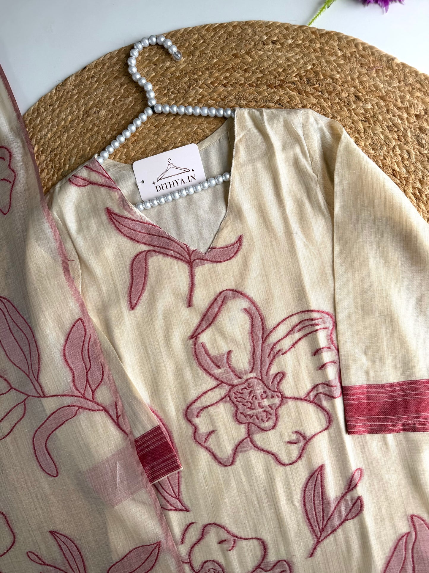 K672 - Chanderi silk floral weaving straight Kurti with pants and dupatta