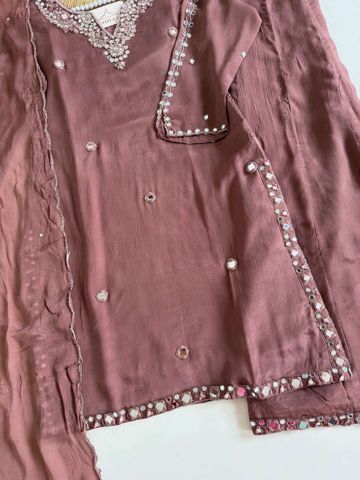 K204 - Pure Chinnon mirror work short Kurti with divider pants and dupatta