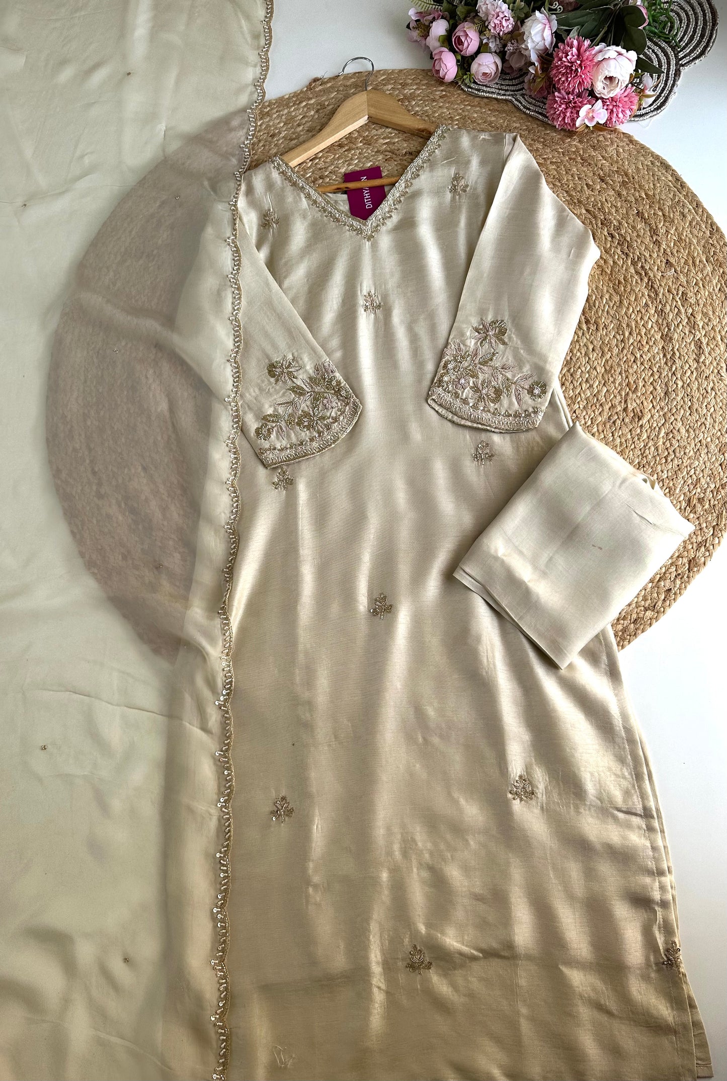 K415 - Russian silk handwork straight Kurti with pants and dupatta