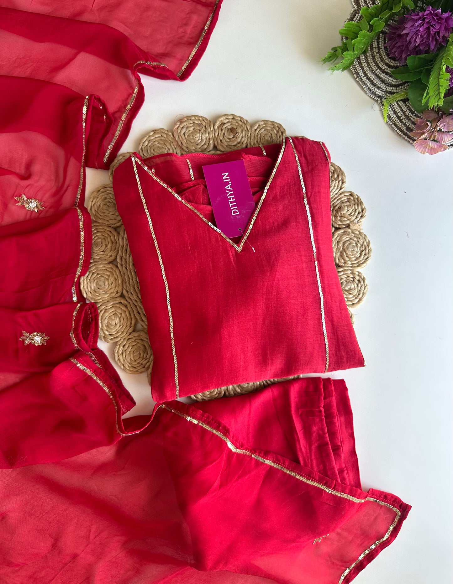 K070 - Mul Chanderi handwork Aline Kurti with pants and dupatta