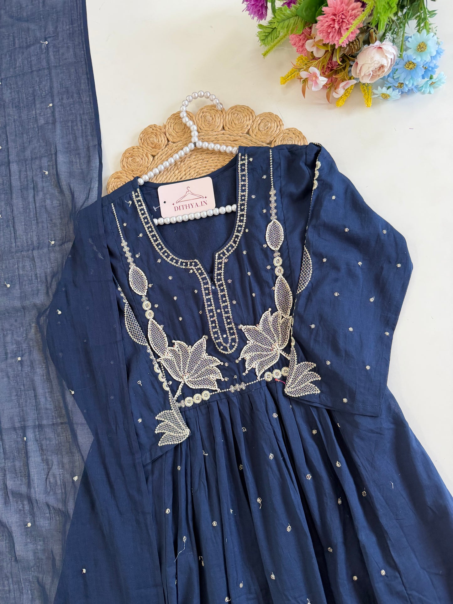 K126 - Mul cotton embroidered Anarkali with pants and dupatta in 2 colours