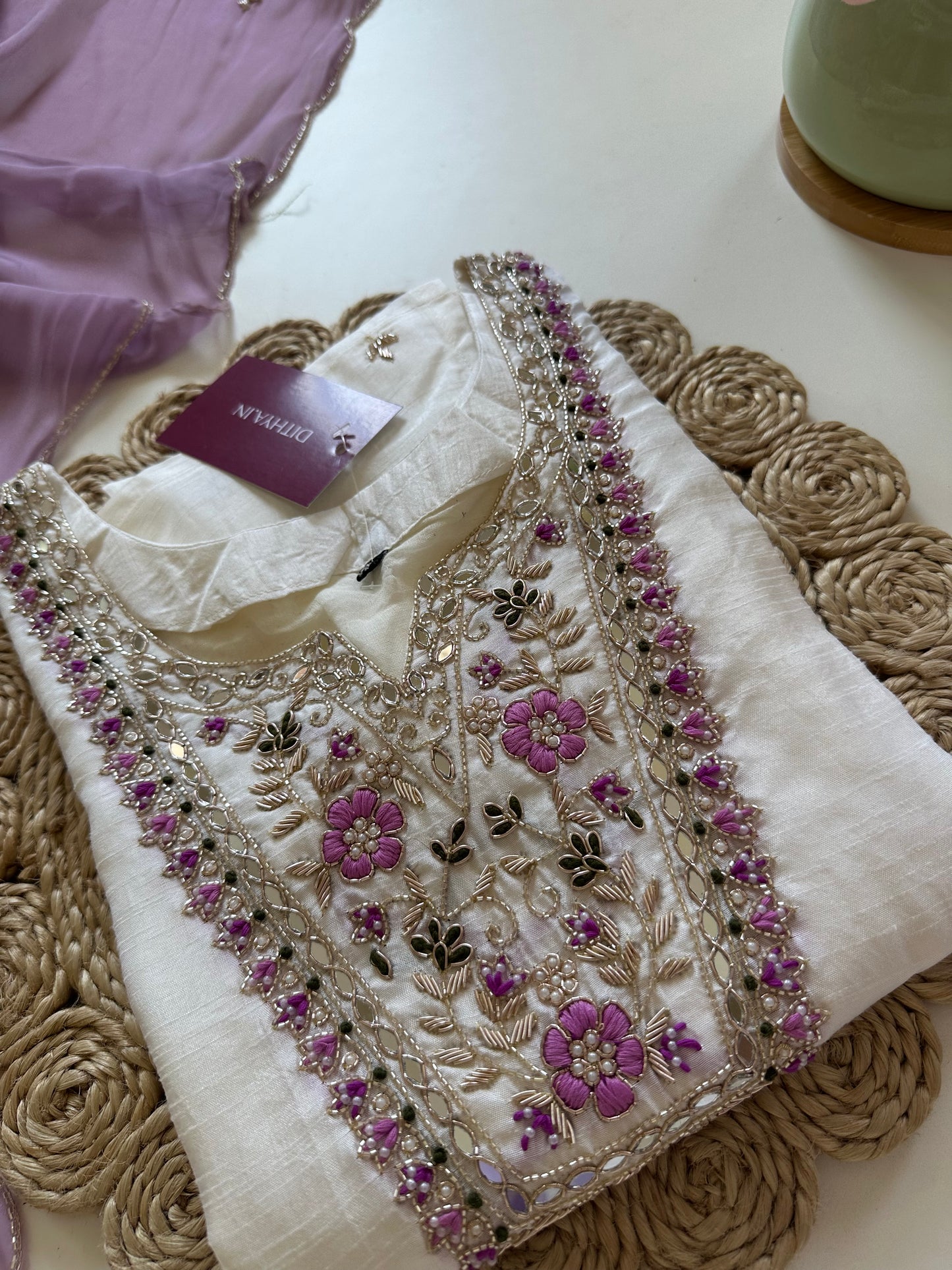 K174 - Russian silk handwork kurti with pants and viscose organza dupatta .