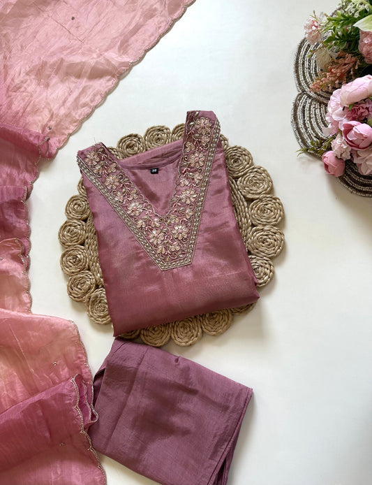 K099 - Tissue silk handwork straight kurti with pants and dupatta .