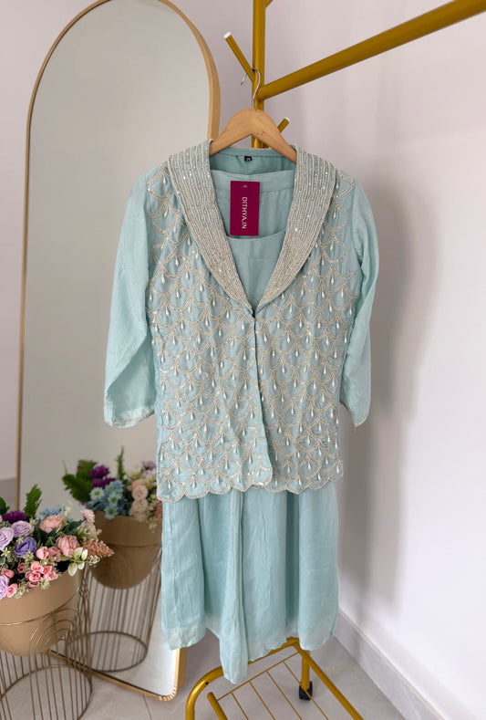 K523 - Pure chinnon handwork blazer , crop top inner and palazzo