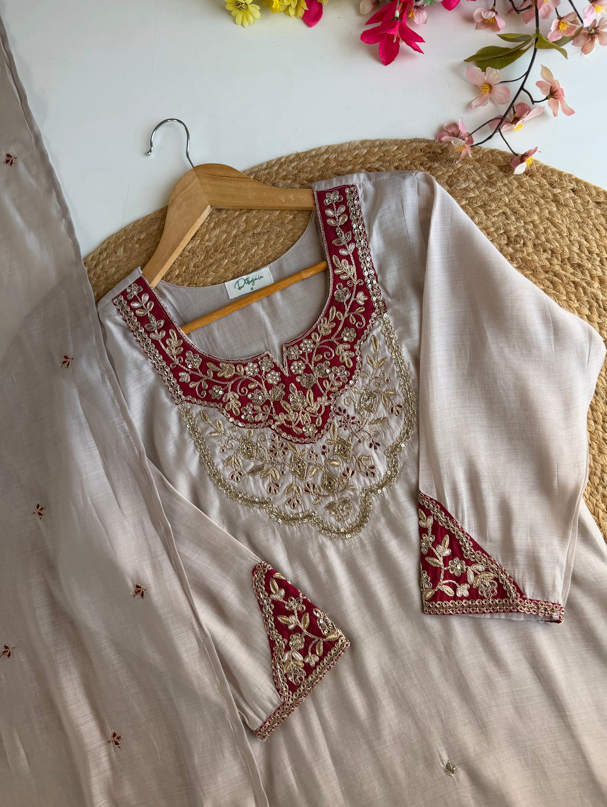 K090 - Surat Mul chanderi handwork aline Kurti with pants and dupatta