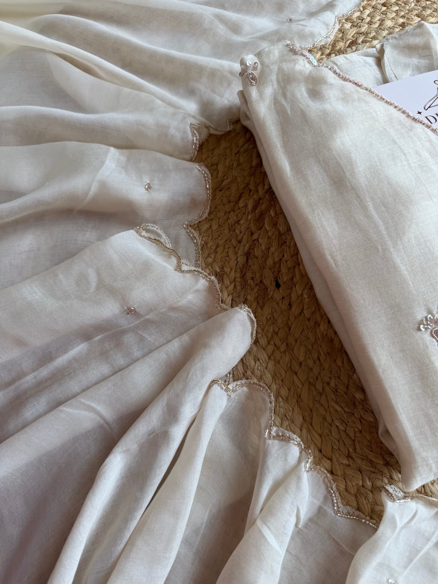 K140 - Mul chanderi handwork Aline Kurti with pants and dupatta